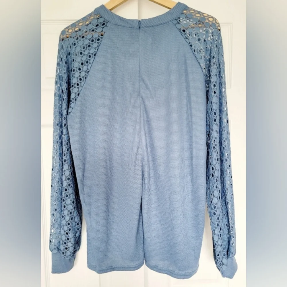 Miholl Women's Waffle Top Blouse Lace Balloon Sleeves Zip Back Blue XXL NWT